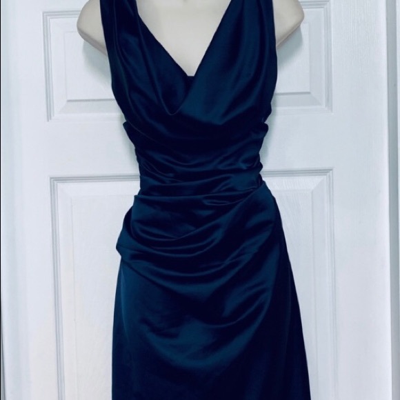 David’s Bridal Navy Blue Satin Ruched formal dress - Picture 3 of 7